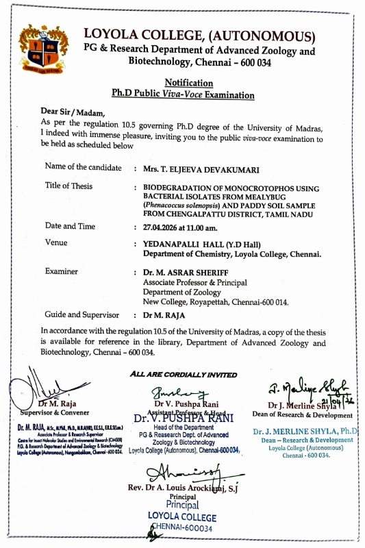 Ph.D., Public Viva Voce Examination - Mrs.T.Eljeeva Devakumari - Invitation