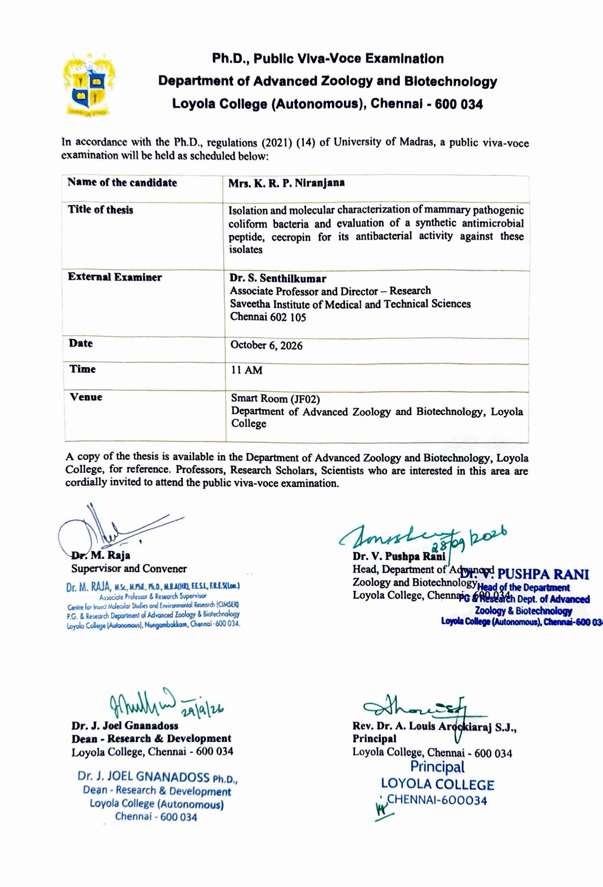 Ph.D. Public Viva Voce Examination - Mrs. K R P Niranjana