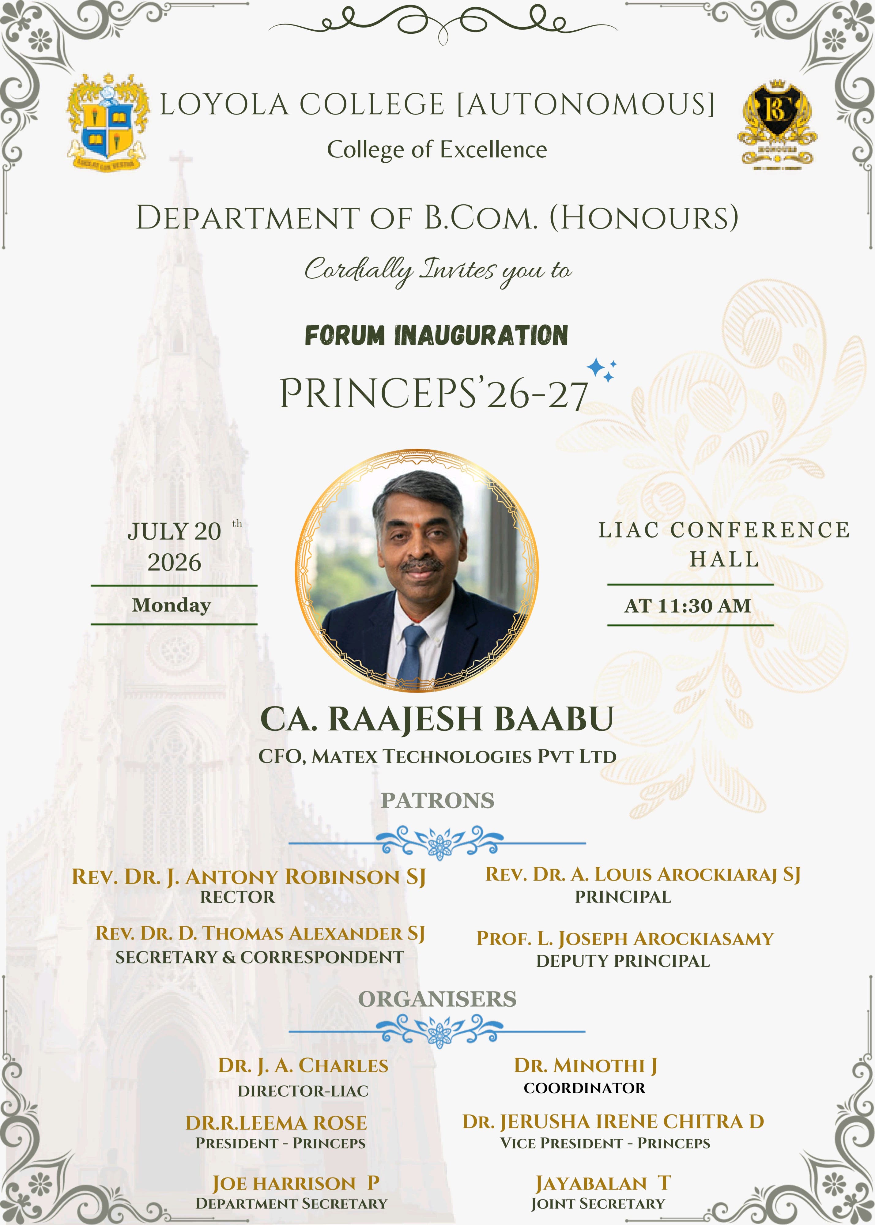 B.Com Honours Forum Inauguration - Princeps 26-27 - Invitation