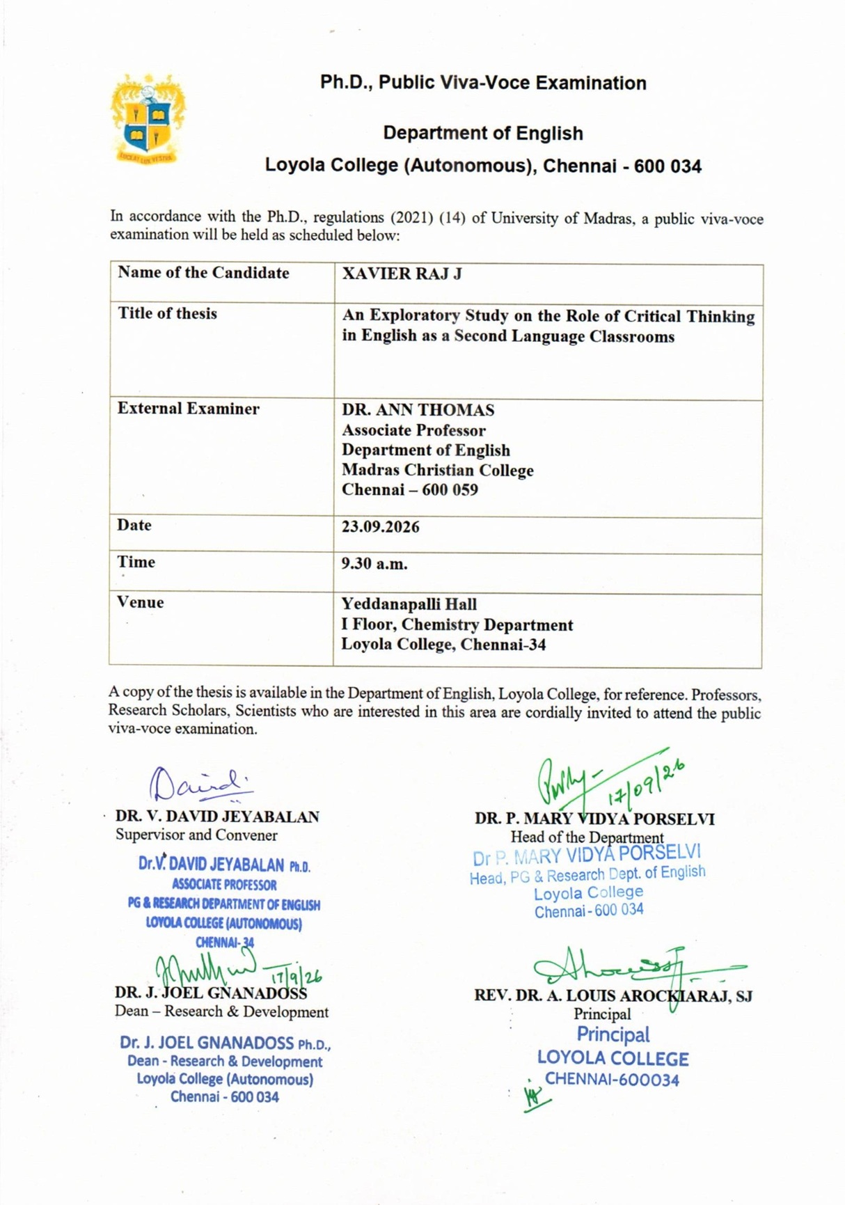 Ph.D. Public Viva Voce Examination - Mr. Xavier Raj J