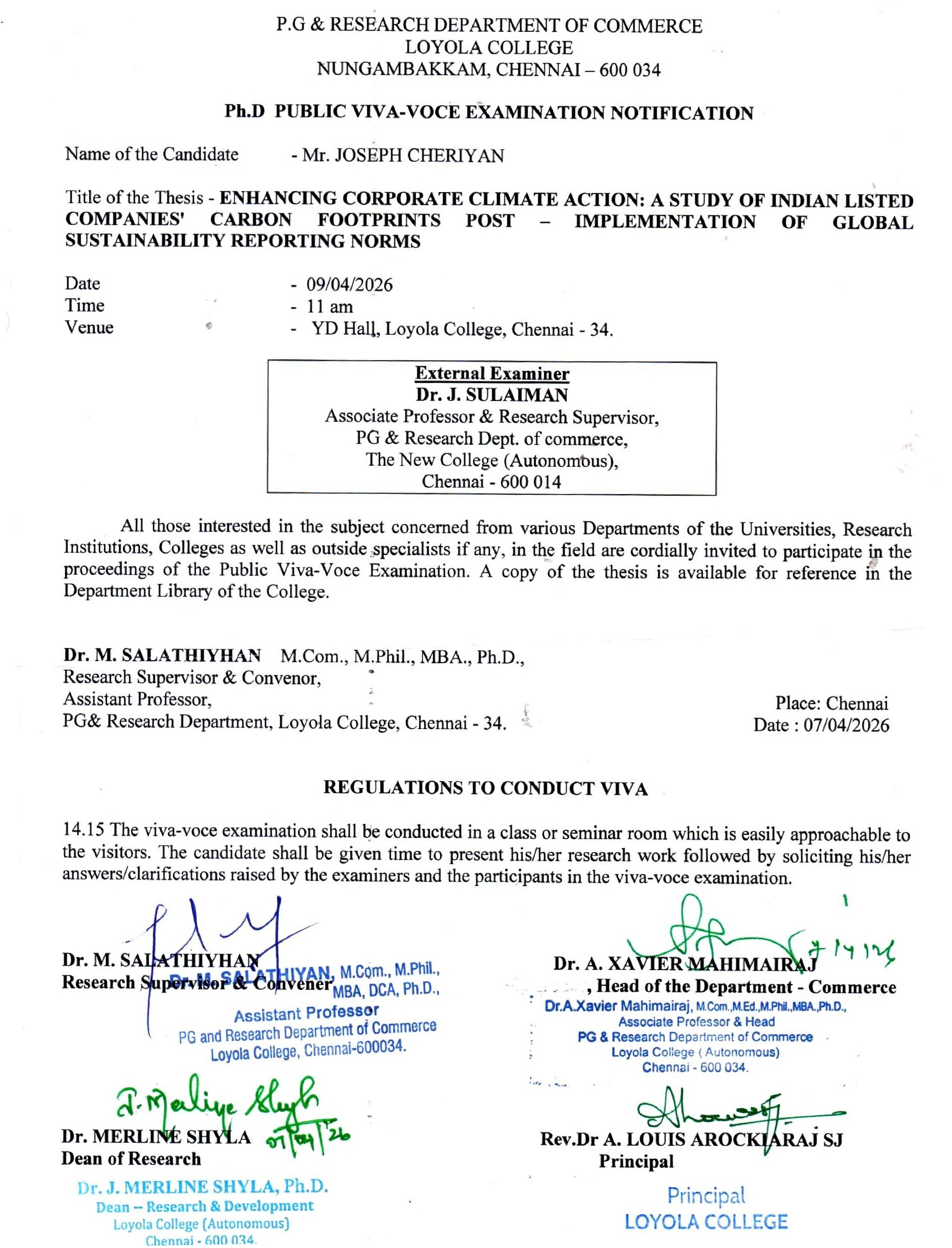 Ph.D., Public Viva Voce Examination - Mr. Joseph Cheriyan - Invitation