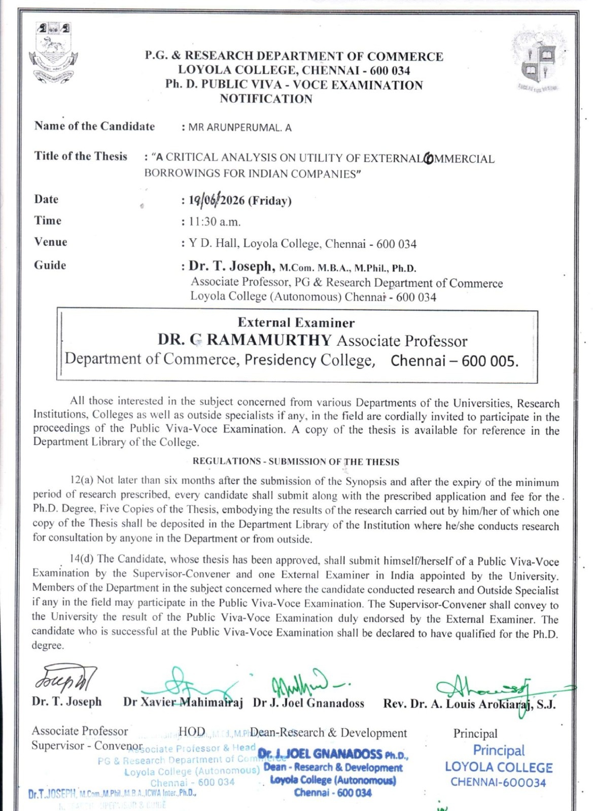 Ph.D. Public Viva-Voce Examination (Mr. Arunperumal A, Department of Commerce) - Invitation