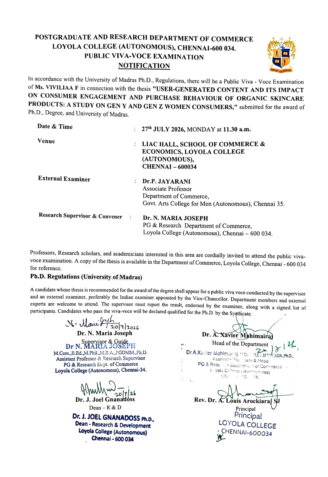 Ph.D., Public Viva Voce Examination - Ms. Viviliaa F - Invitation