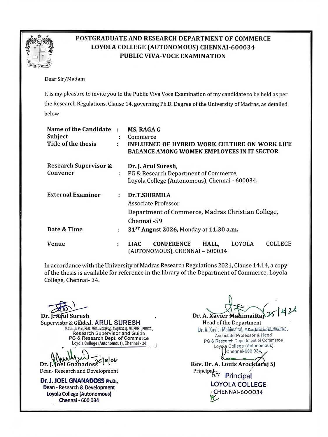 Ph.D., Public Viva Voce Examination - Ms. Raga G - Invitation