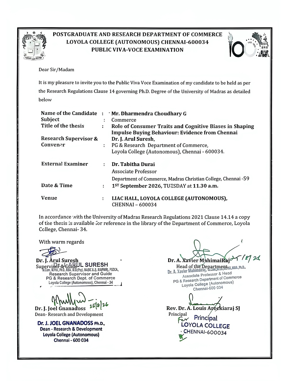 Ph.D., Public Viva Voce Examination - Mr. Dharmendra Choudhary G - Invitation