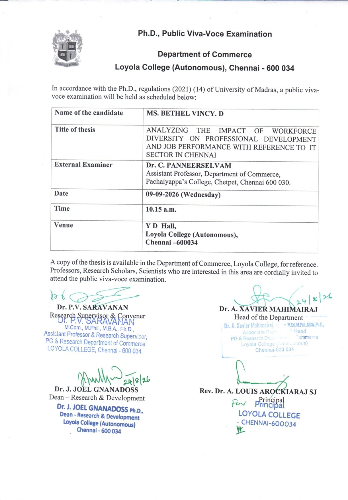 Ph.D., Public Viva Voce Examination - Ms. Bethel Vincy D - Invitation