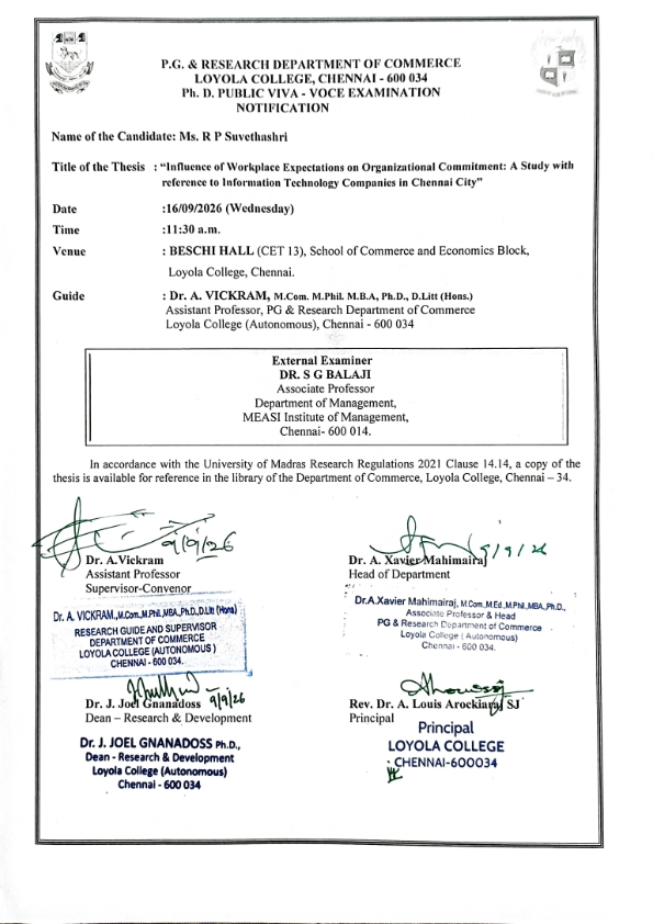 Ph.D. Public Viva Voce Examination - Ms. R P Suvethashri