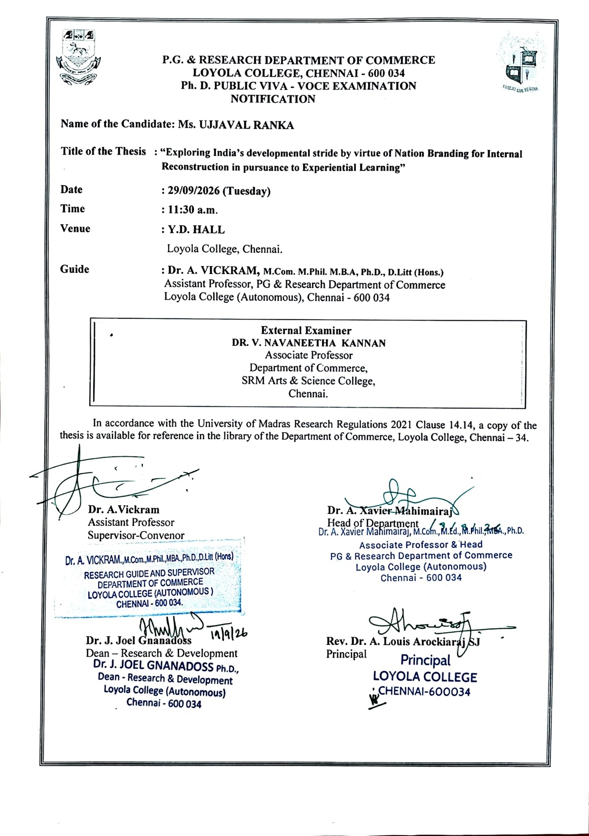 Ph.D. Public Viva Voce Examination - Ms. UJJVAL RANKA