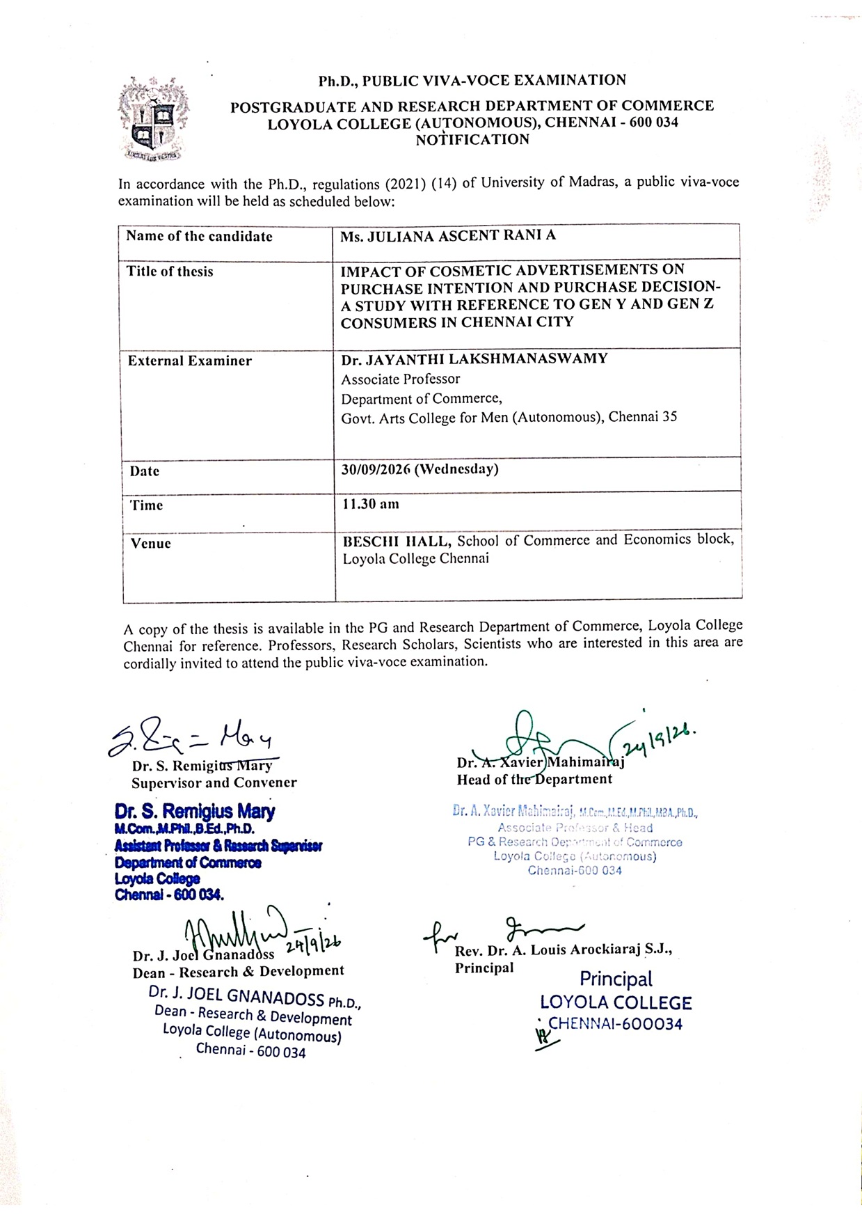 Ph.D. Public Viva Voce Examination - Ms. JULIANA ASCENT RANI A