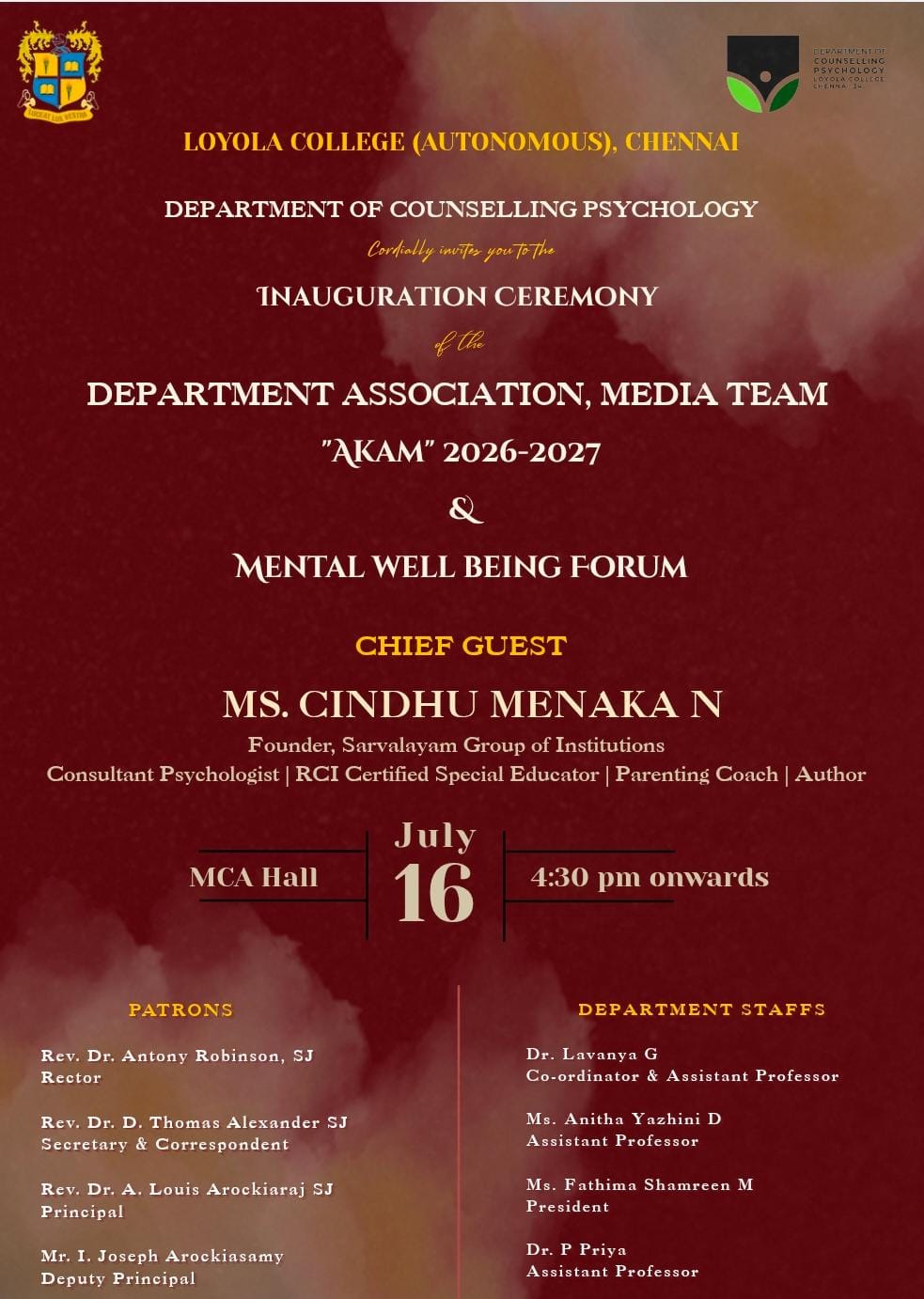 Inauguration of the Department Association, Media Team and the Mental Health Forum “AKAM 2026–27“ - Invitation