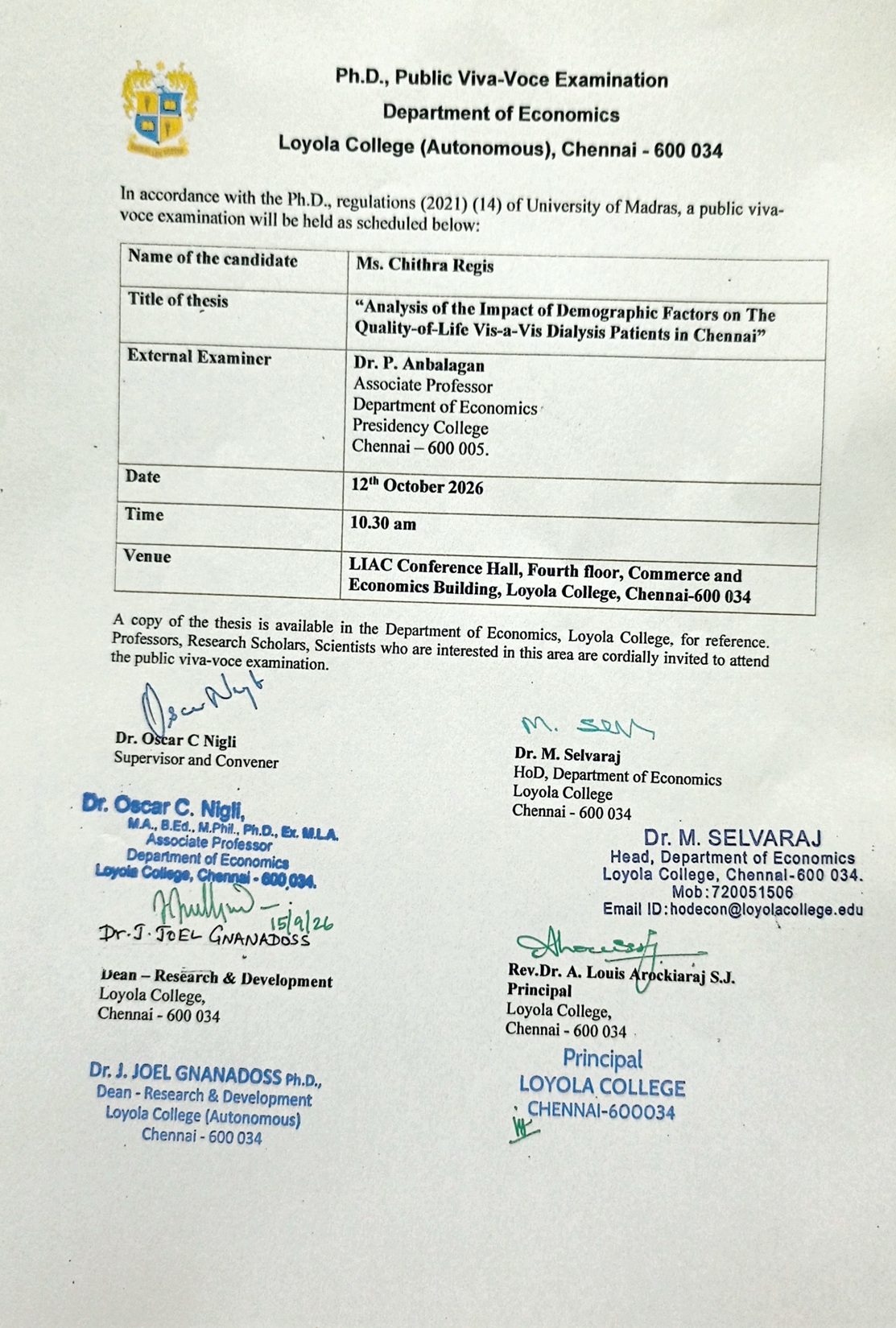 Ph.D. Public Viva Voce Examination - Ms. Chithra Regis