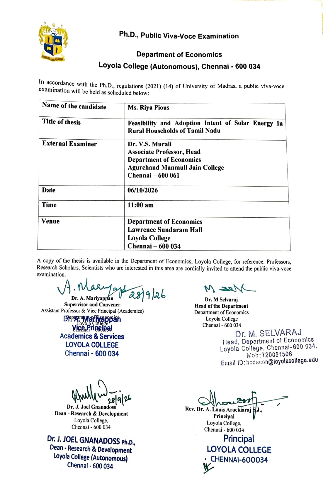 Ph.D. Public Viva Voce Examination - Ms. Riya Pious