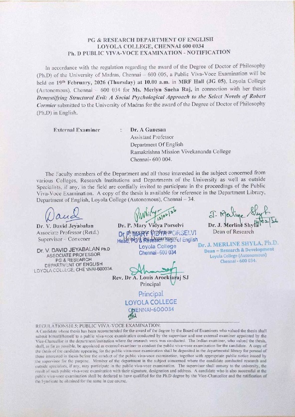 Ph.D. Public Viva-Voce Examination (Ms. Merlyn Sneha Raj, Department of English) - Invitation