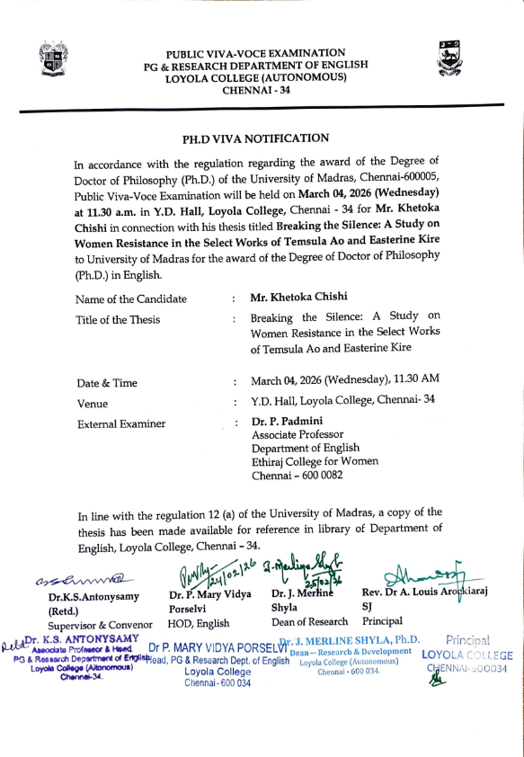 Ph.D. Public Viva-Voce Examination (Mr. Khetoka Chishi, Department of English) - Invitation