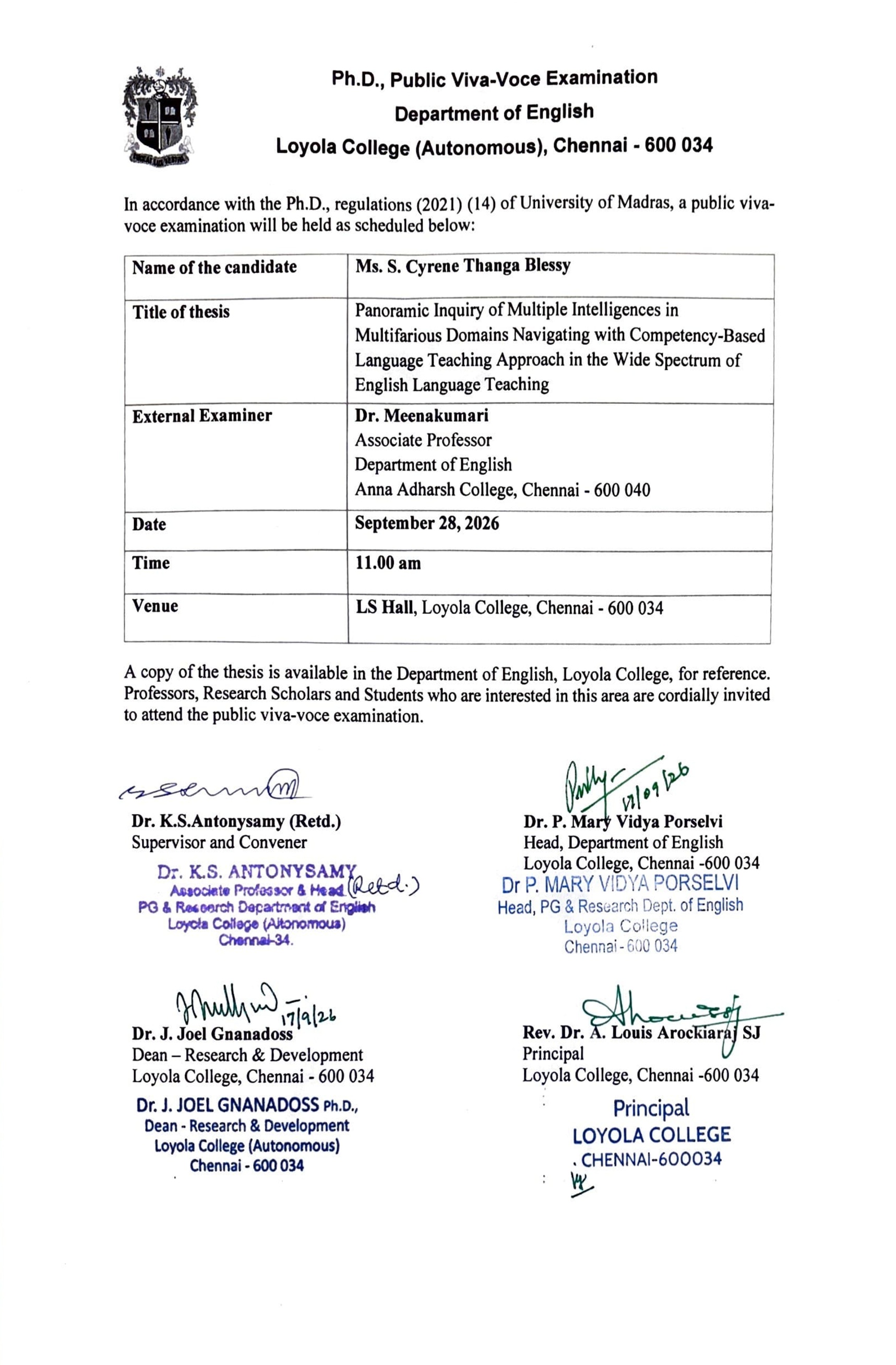 Ph.D. Public Viva Voce Examination - Ms. S. Cyrene Thanga Blessy