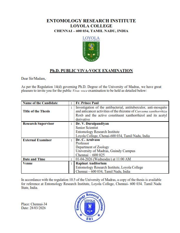 Ph.D., Public Viva Voce Examination - Fr. Prince Paul - Invitation