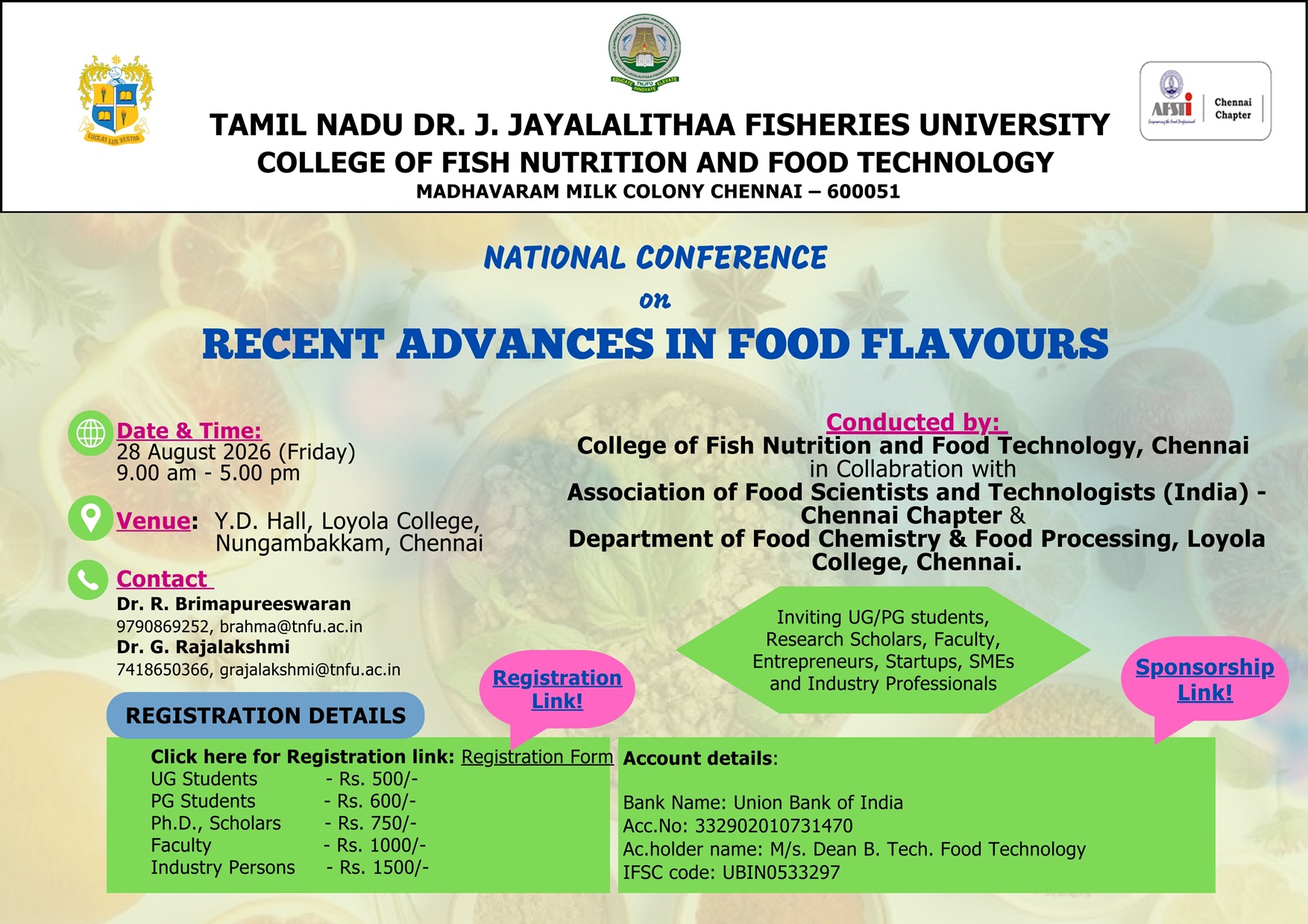 One-Day National Conference on “Recent Advances in Food Flavours“ - Invitation