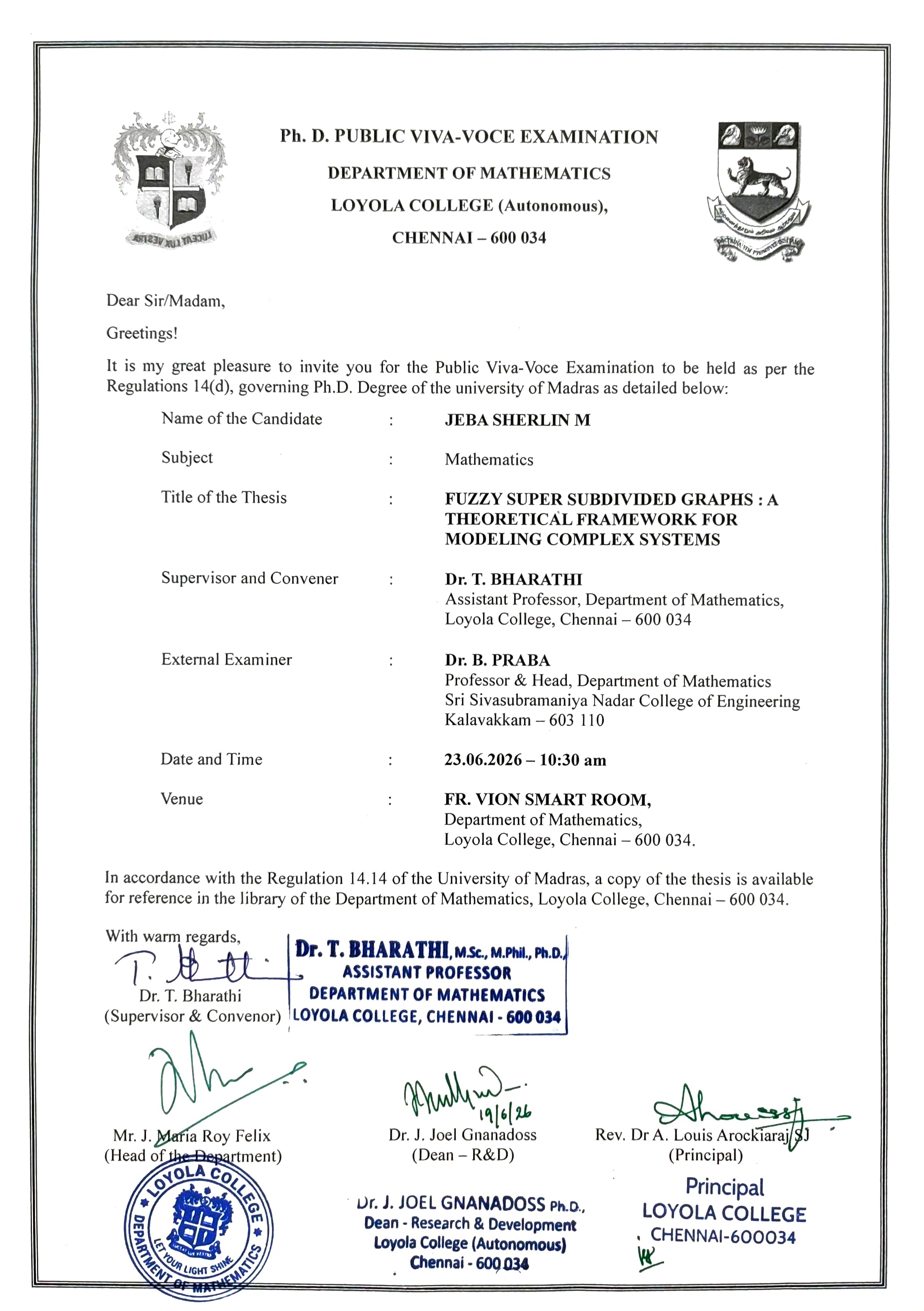 Ph.D., Public Viva Voce Examination - Ms. Jeba Sherlin M - Invitation