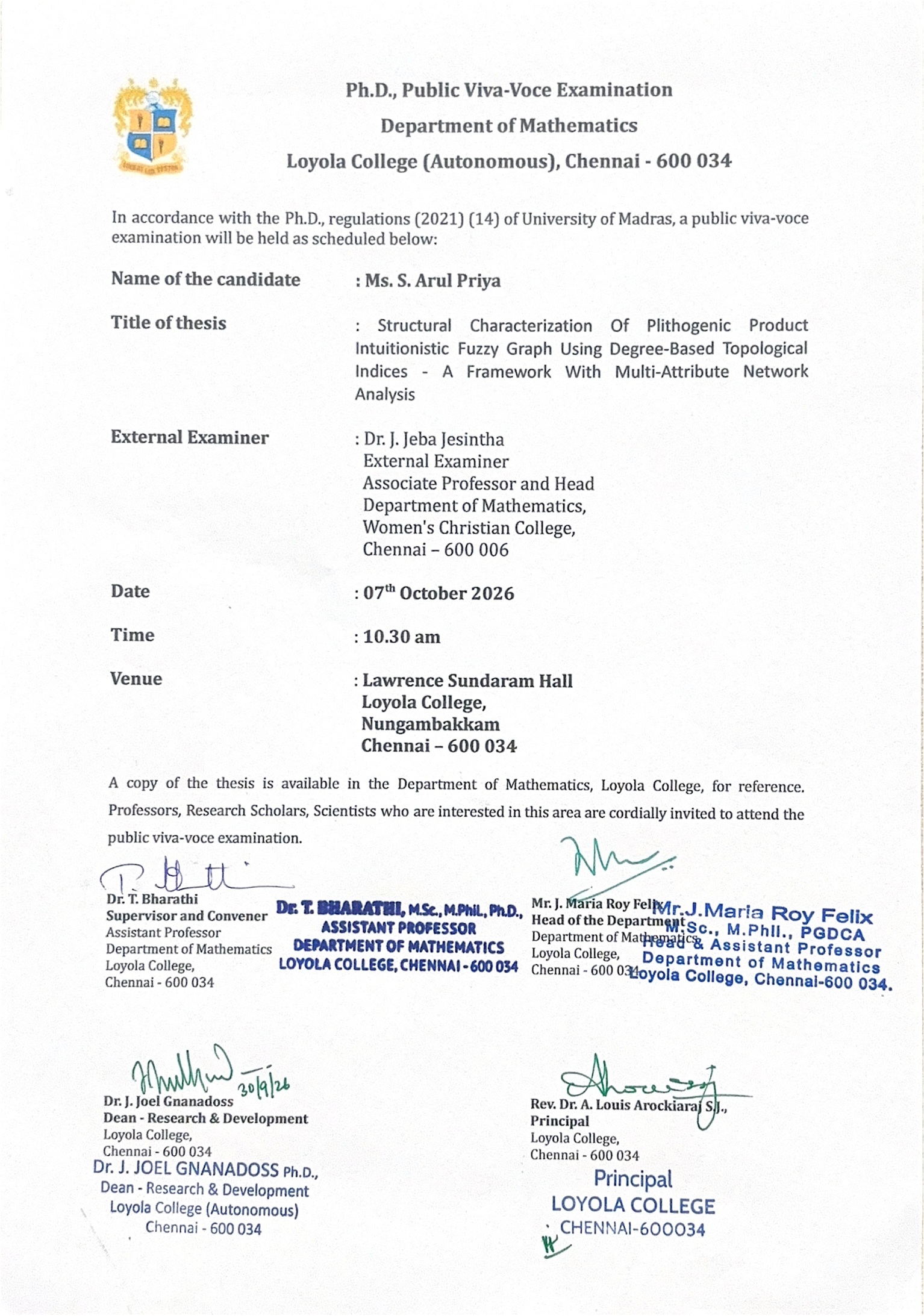 Ph.D. Public Viva Voce Examination - Ms. Arul Priya S