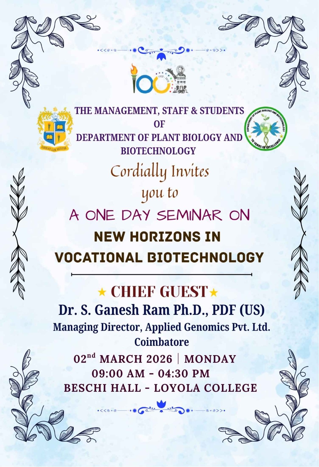 A One Day Seminar on New Horizons in Vocational Biotechnology - Invitation