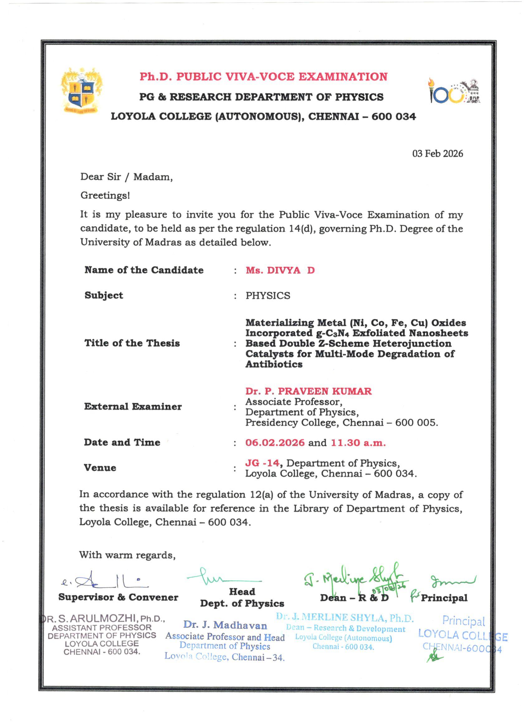 Ph.D. Public Viva-Voce Examination (Ms. Divya D, Department of Physics) - Invitation