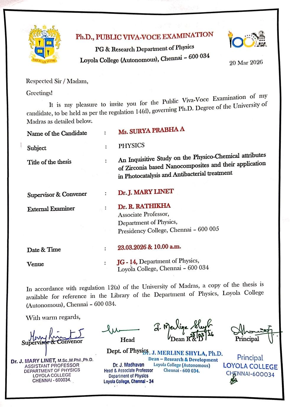 Ph.D., Public Viva-Voce Examination - Ms. Surya Prabha A - Invitation