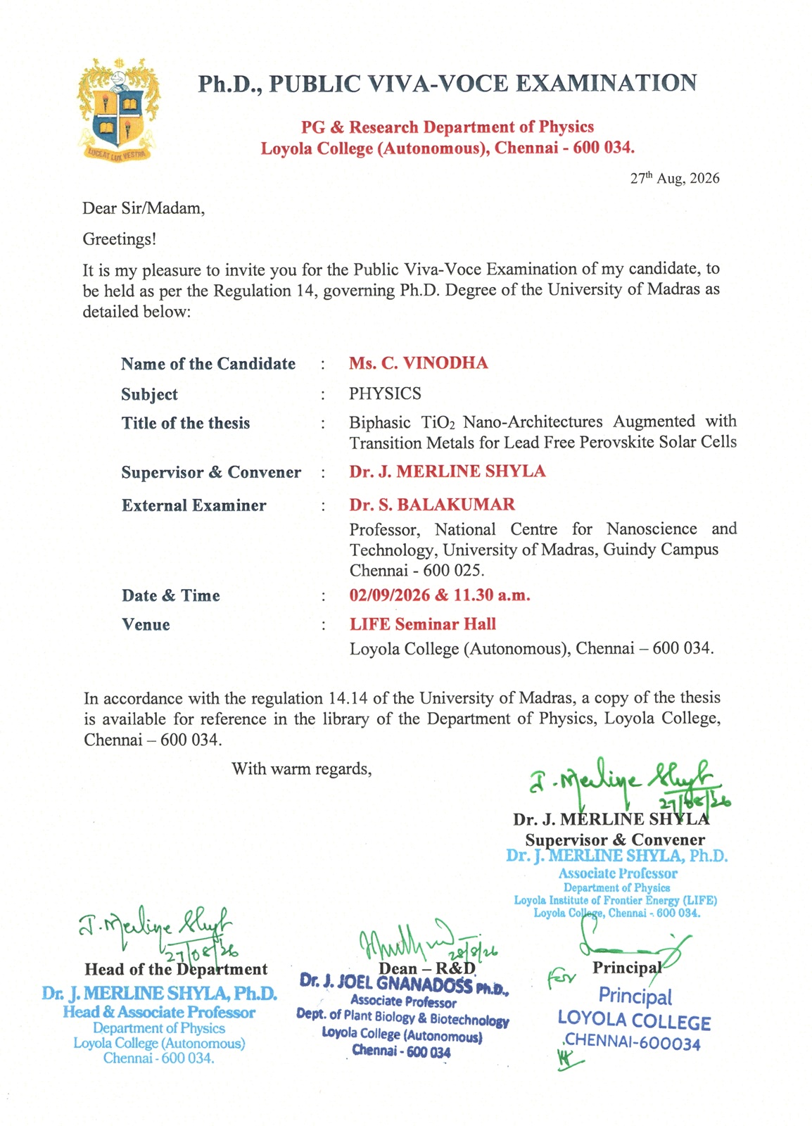 Ph.D., Public Viva Voce Examination - Ms. C. Vinotha - Invitation