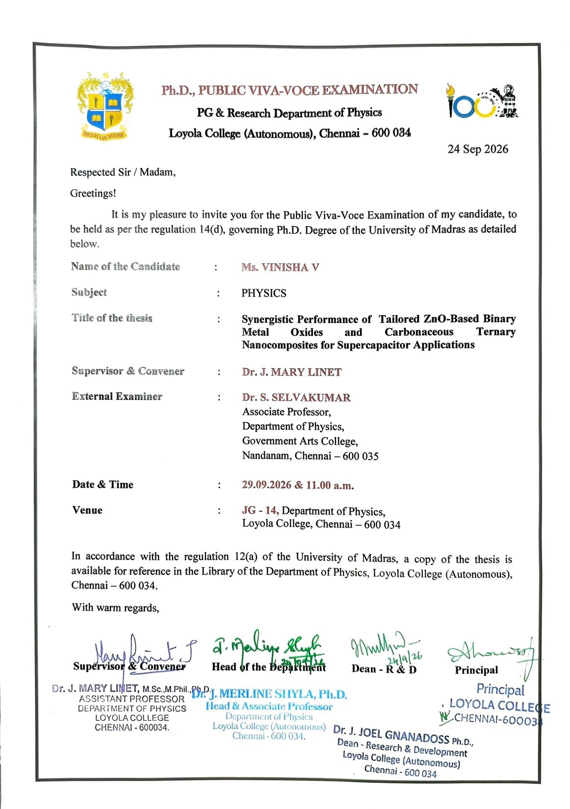 Ph.D. Public Viva Voce Examination - Ms. Vinisha V