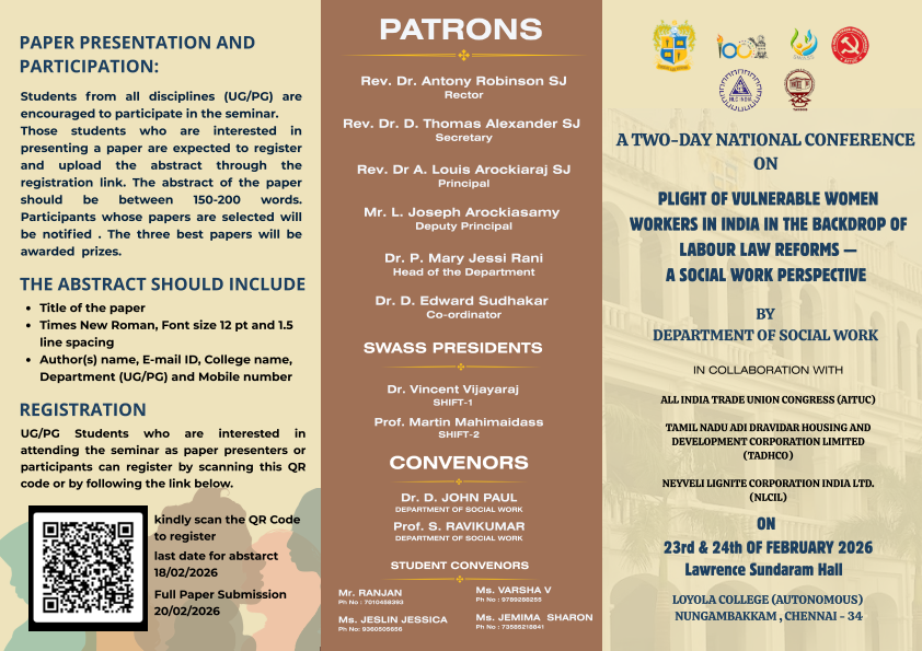 National Conference on Plight of Vulnerable Women Workers in India in the backdrop of Labour Law Reforms - A Social Work Perspective - Invitation