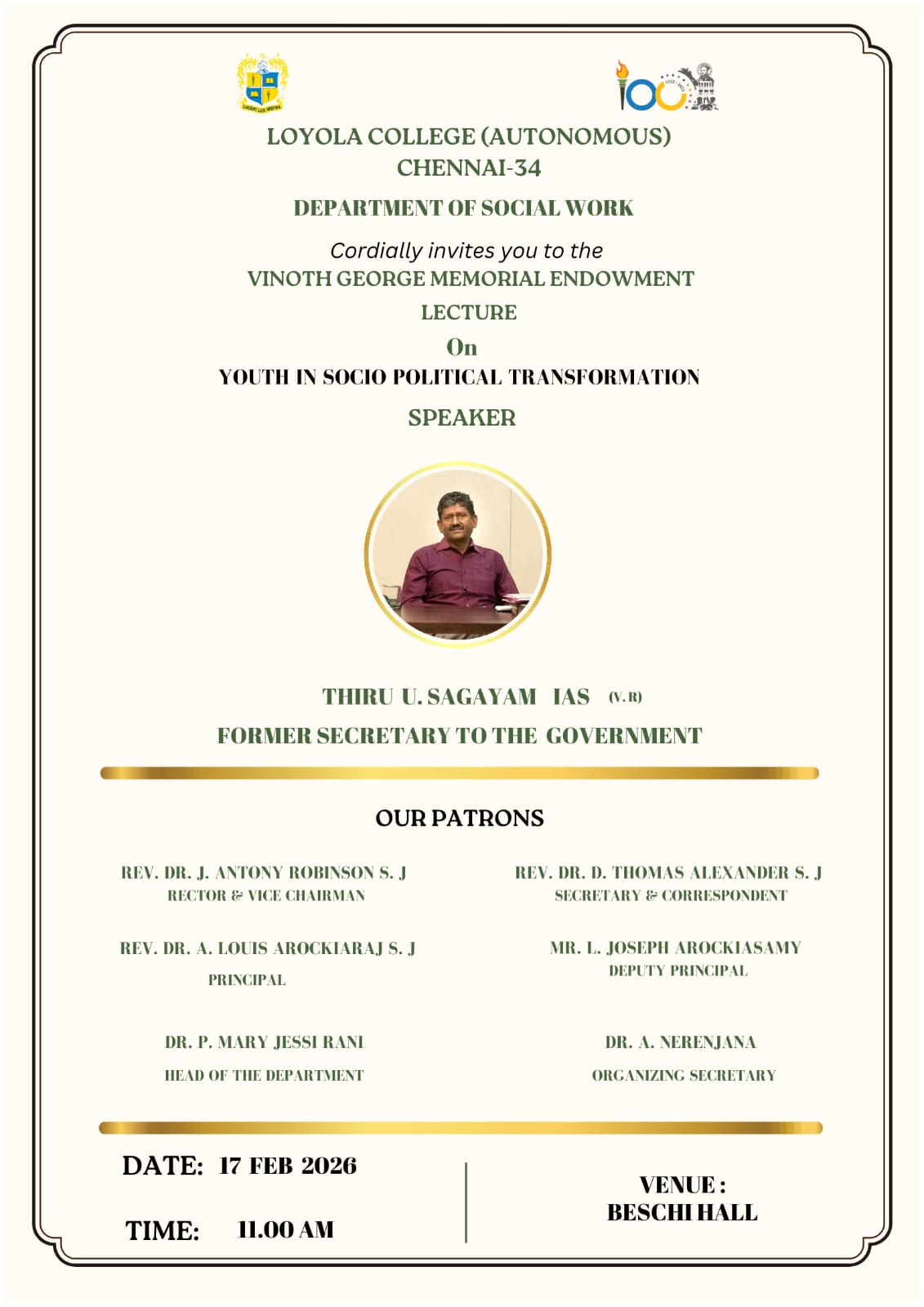 Vinoth George Memorial Endowment Lecture: Youth in Socio Political Transformation - Invitation