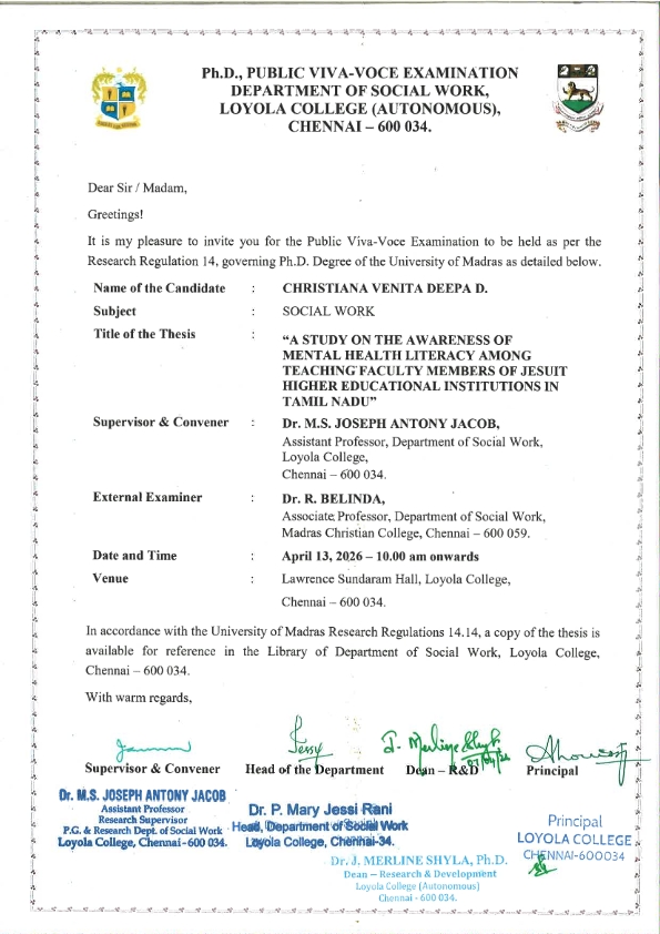 Ph.D., Public Viva Voce Examination - Ms. Christiana Venita Deepa D - Invitation