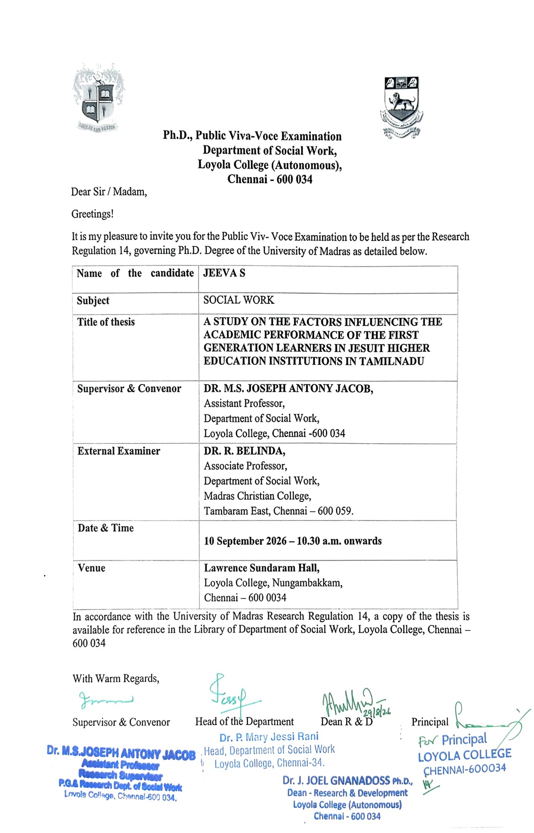 Ph.D., Public Viva Voce Examination - Ms. Jeeva S - Invitation