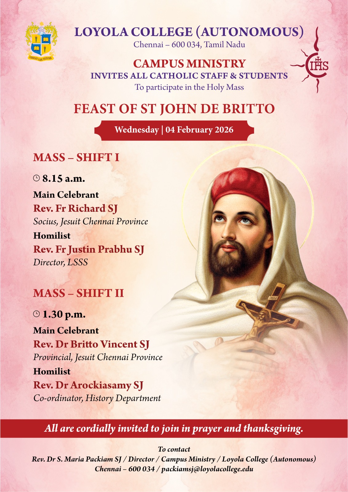 Mass for the Feast of St John De Britto - Wednesday 4th February 2026 - Invitation